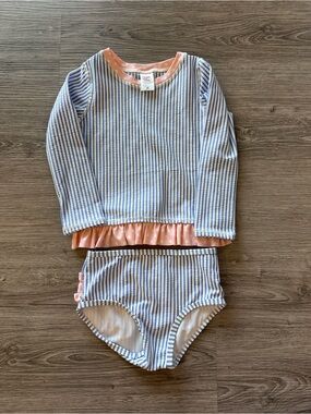 Ruffle Butts Blue & White Striped Rash Guard Set with Pink Ruffle